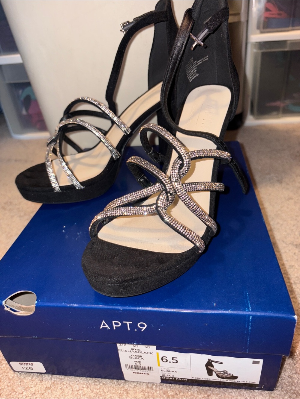 Apt. 9 Black Rhinestone Strappy High Heel Sandals ELISHAA SIZE 6.5